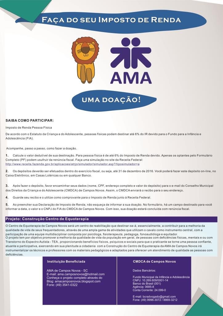 Faça do IR uma doação: AMA realiza campanha estimulando ação