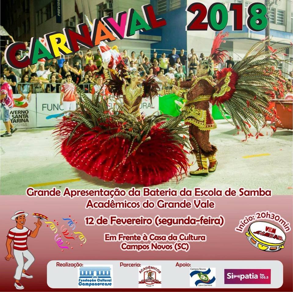 Escola de Samba Acadêmicos do Grande Vale se apresenta dia 12 em Campos Novos