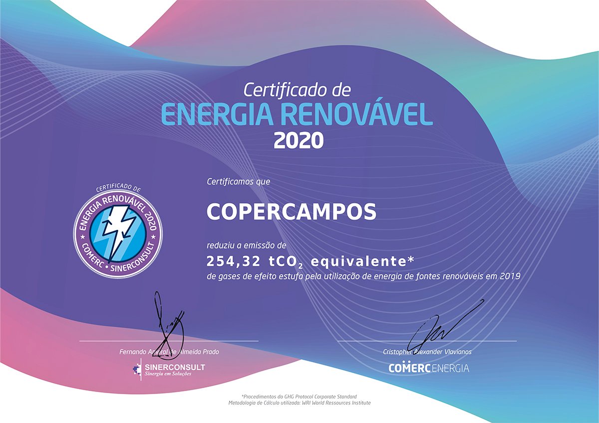 Copercampos recebe certificado de Energia Renovável