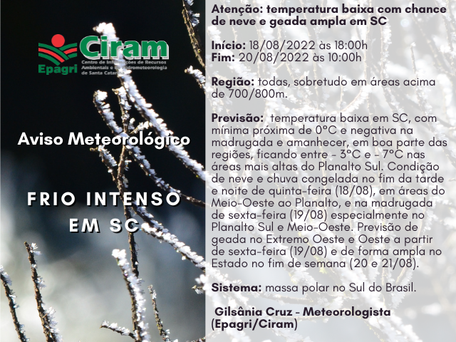 Atenção: temperatura baixa com chance de neve e geada ampla em SC