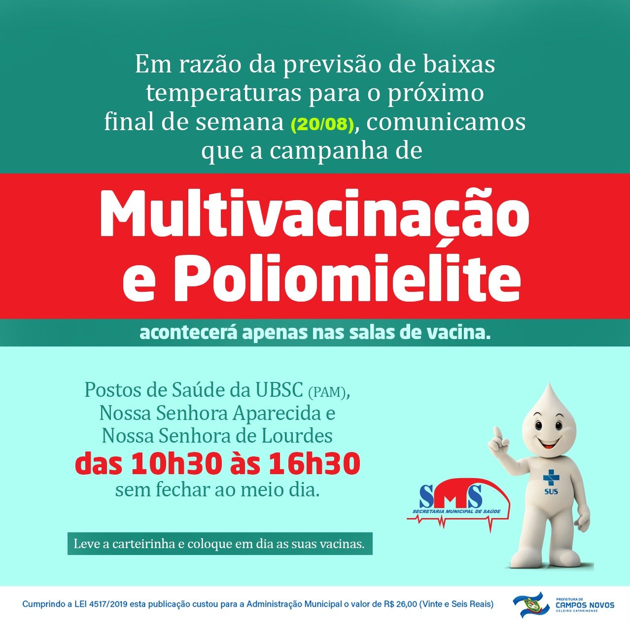 Secretaria de Saúde realiza DIA D de MULTIVACINAÇÃO e Poliomielite neste sábado (20)