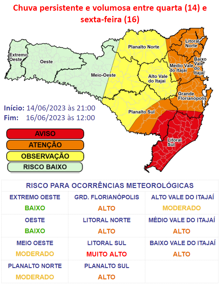 Defesa Civil emite Aviso Especial para chuva persistente e volumosa