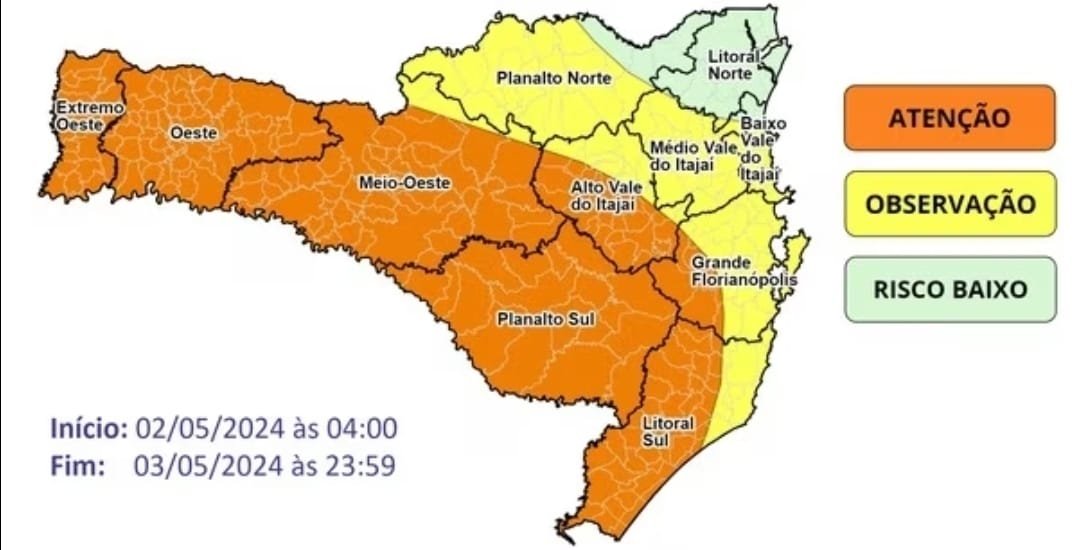 Defesa Civil alerta para Frente Fria com Raios, Rajadas de Vento e Granizo
