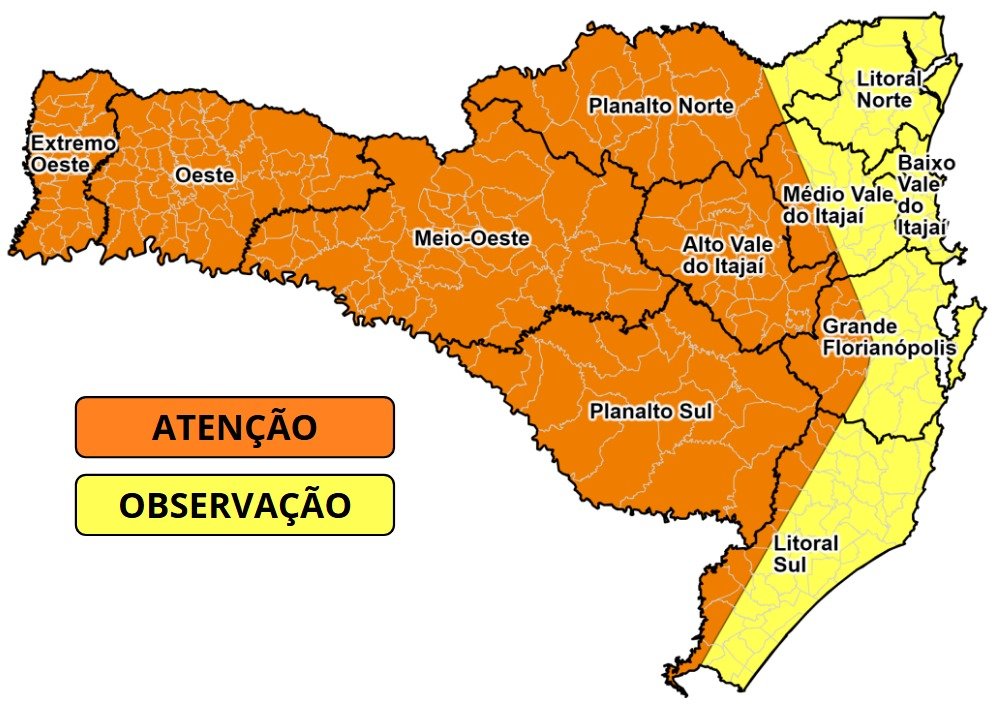 Defesa Civil de SC emite alerta para temporais entre esta quarta e quinta-feira