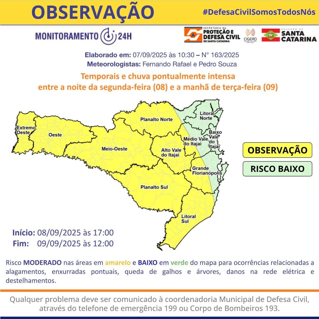Temporais e chuva pontualmente intensa entre a noite de segunda (08) e manhã de terça-feira (09)