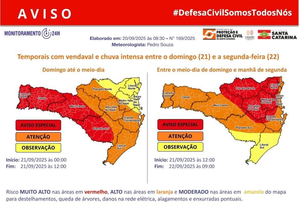 Temporais com vendaval e chuva intensa entre a madrugada do domingo (21) e a segunda-feira (22)