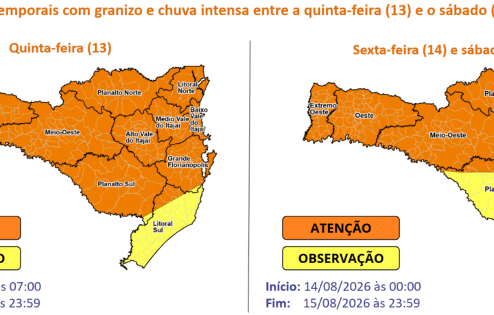 Temporais com granizo e chuva intensa entre a quinta-feira e sábado