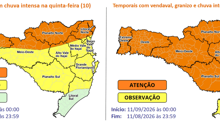 Temporais com vendaval, granizo e chuva intensa na quinta e na sexta-feira